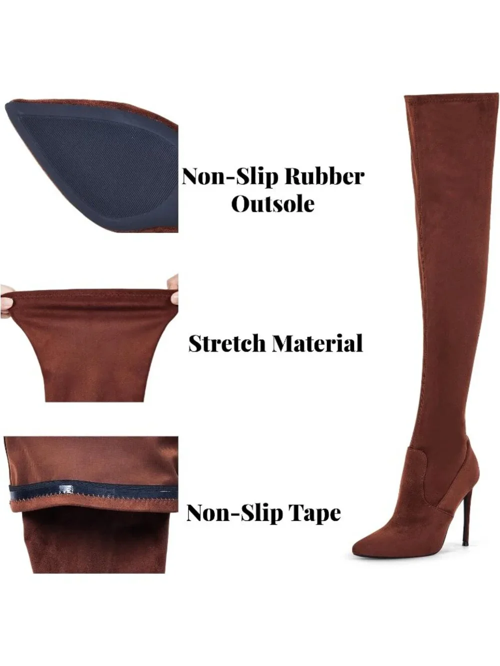 Women's Brown Suede Pointed Toe Suede Stiletto Heel Stretch Over The Knee Boots